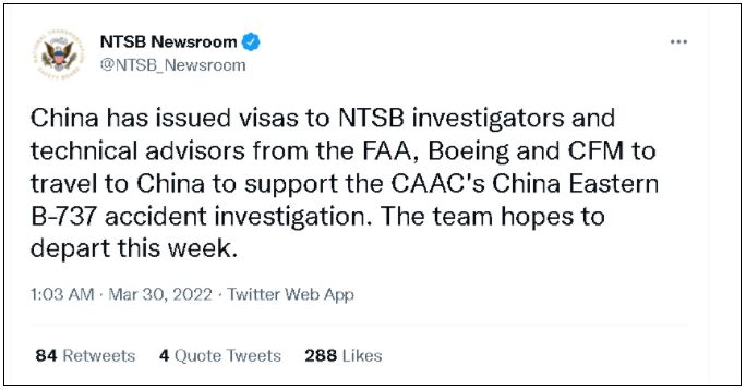 美国国家运输安全委员会：中国已给参与调查东航事故的美国调查人员发放签证