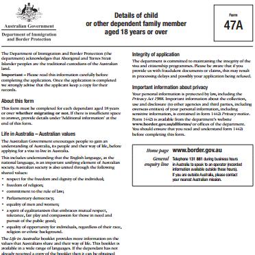 表47a-澳大利亚合作移民家庭成员个人信息表